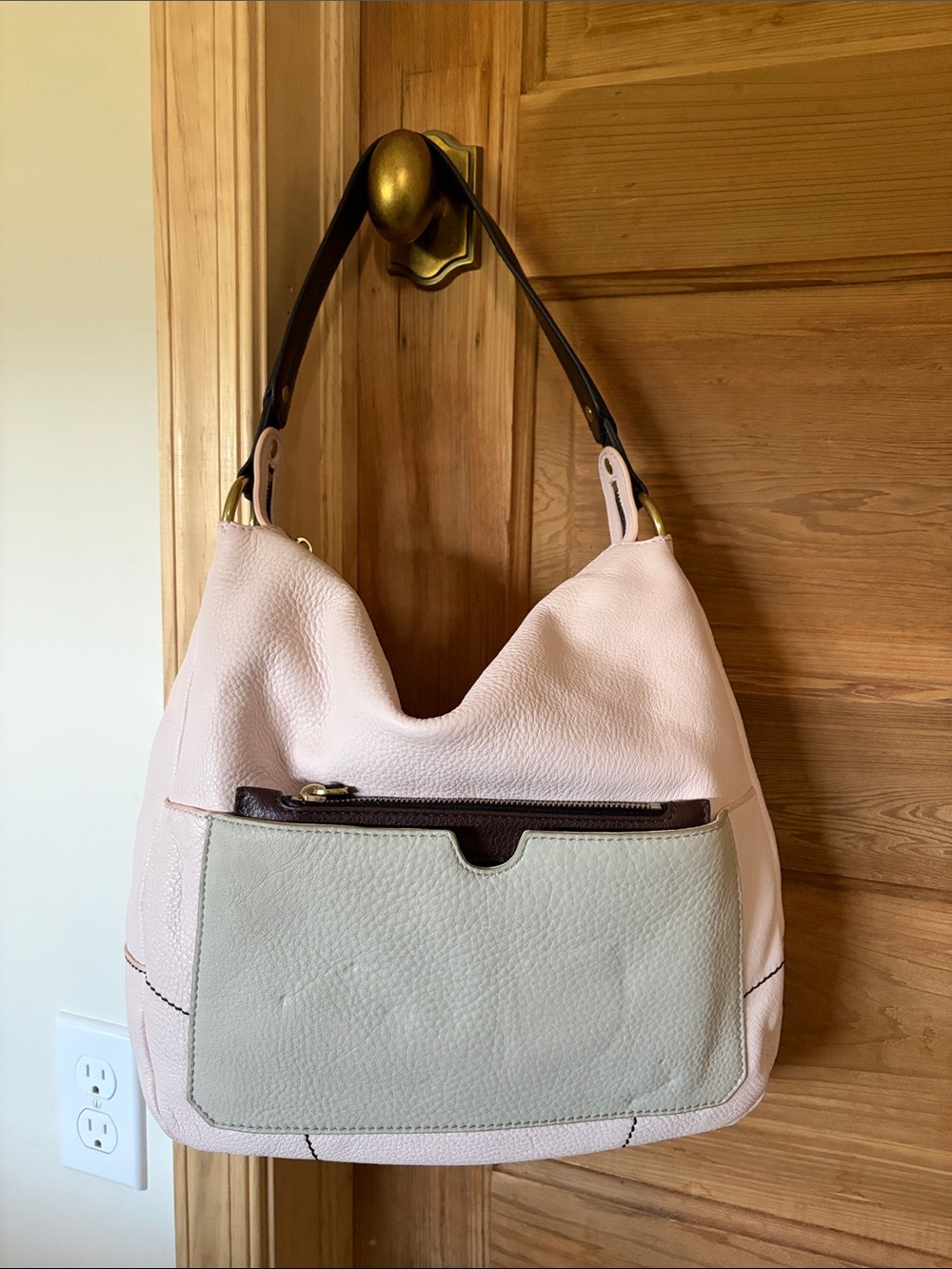 orYANY Pale Pink Shoulder Bag with Grey Front Pocket